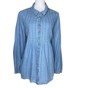 Terra And Sky Women's Stonewash Denim Chambray Pleated Top Shirt Plus Size 3X